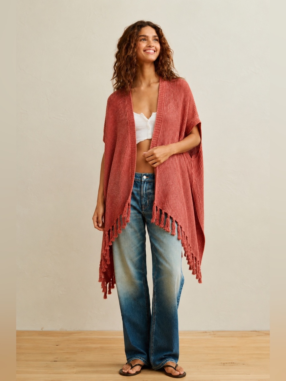 American Eagle Rust Knit Fringe Poncho Cardigan Boho Cozy Layering Wrap